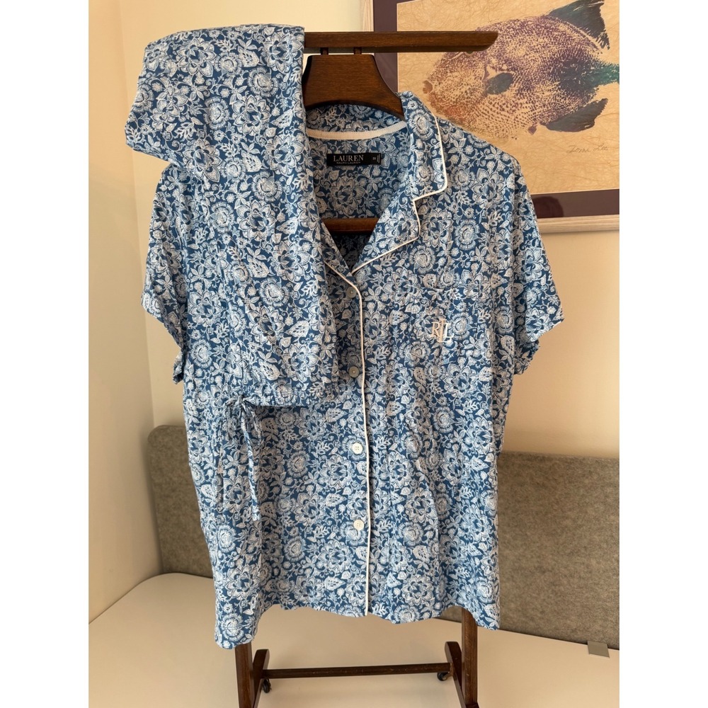 Lauren Ralph Lauren Womens 2X Pajama Set Blue Floral Capri Pants Short Sleeve PJ